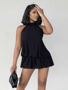 Alexandranx Váy mùa hè rộng rãi không tay cổ đứng viền bèo nhún cho nữ - màu đen - Xem 7