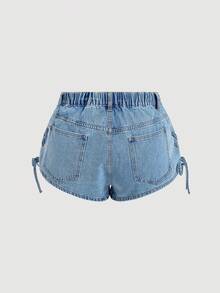 Sweetra Damen Oversize Denim Shorts mit Schleife an der Taille, weite hochgeschnittene schlankende A-Linie sexy Micro Shorts - Mittele Waschung - Übersicht 2