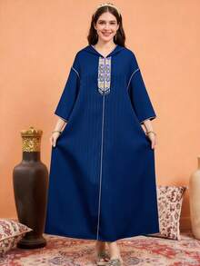 SHEIN Teen Girl Casual Vacation Lace Trim Hooded Flare Long Sleeve Robe Robe, Light Blue Navy Blue Abaya Girls Navy Blue Abaya Girls Abaya - Baby Blue - View 8