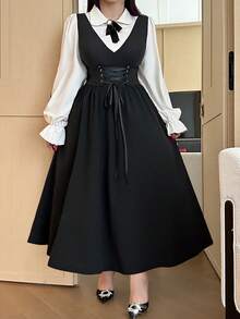 Vibekara Plus Size Women's Collared Half-Placket Shirt Collar 2 In 1 Contrast Color Button Bow Elegant Retro Collegiate Outdoor Casual Mid-Length A-Line Dress, Spring/Summer - Black - View 3