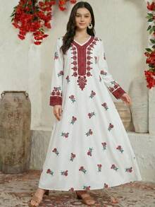 Teen Girls'Traditional Arab Robe,Middle Eastern Style,White,Autumn,Elegant,Party,Pink Floral Print,Embroidered Trim Abaya Dress - Multicolor - View 3