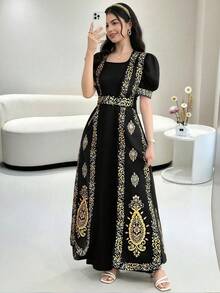 Elegant Faux Gold Thread Ribbon & Embroidery Lace Waist Loose Flared Dress For Teen Girls - Pink - View 2