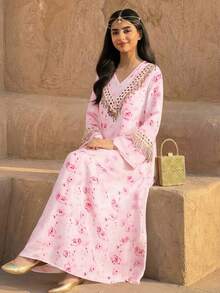 SHEIN Teen Girl Casual Vacation Ditsy Floral Sequin Tassel Decor Flare Sleeve Dress, Spring/Summer - Pink - View 5