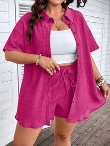 EMERY ROSE 大码女式纯色落肩短袖单排扣衬衫和系带腰短裤休闲两件套 - 玫紅色 - 查看 6
