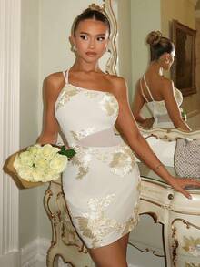 Glamine Charm Women's Mesh Embroidered Mesh Patchwork Dress, Elegant Date Dress, Stretchy Bodycon Camisole Mini Dress White Bridal Shower Dress White Mesh Dress White Bandage Dress White Reception Dress For Bride White And Gold Dress - Apricot - View 1