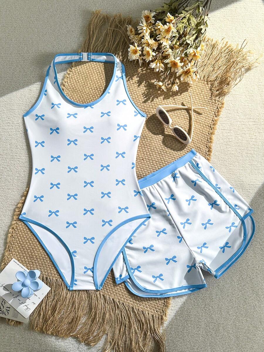 SHEIN 少女蝴蝶印花露背连体泳衣，含短裤和上衣两件套，夏季