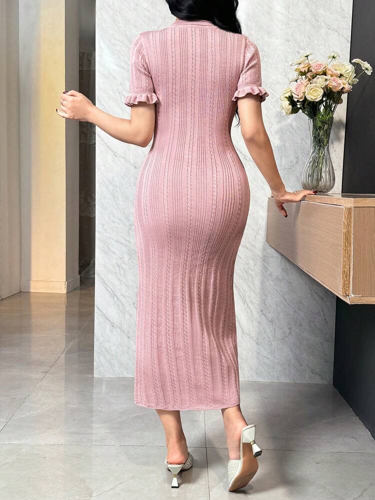 Women's Elegant Solid Color Frill Trim Snap Button Faux Pocket Sweater Dress, Spring/Summer,Wedding Guest Dress Women