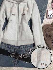 Glimmora Women's Casual Everyday Commute Versatile Letter Embroidery Zip-Up Sweatshirt - Grey - View 5