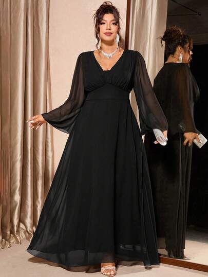 SHEIN Tall CURVE Plus Size Women V-Neck Mesh Flare Sleeve Elegant Dress