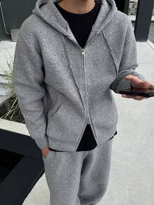 DAZY 男士灰色针织连帽开衫和松紧腰裤两件套，秋季 - 灰色 - 查看 3