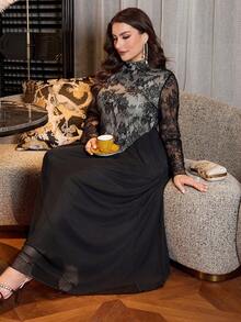 Modelyn Plus Size Women Long Lace & Polyester Blend Dress - Black - View 6
