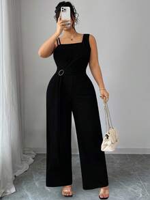 Elenzga Plus Size Women Elastic Knit Jumpsuit Pants, Metal Buckle, Asymmetric Design - Black - View 6