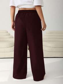 Solflare Wine Red Plus Size Women's Drawstring Waist Wide Leg Loose Pants, Autumn/Winter/Spring - Burgundy - View 2