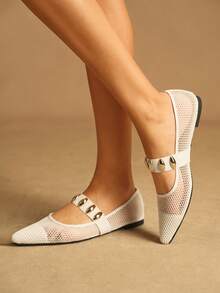 Rosivie Women Casual Versatile Commuting Minimalist Hollow Metal Decor Pointed Toe Flats - White - View 1
