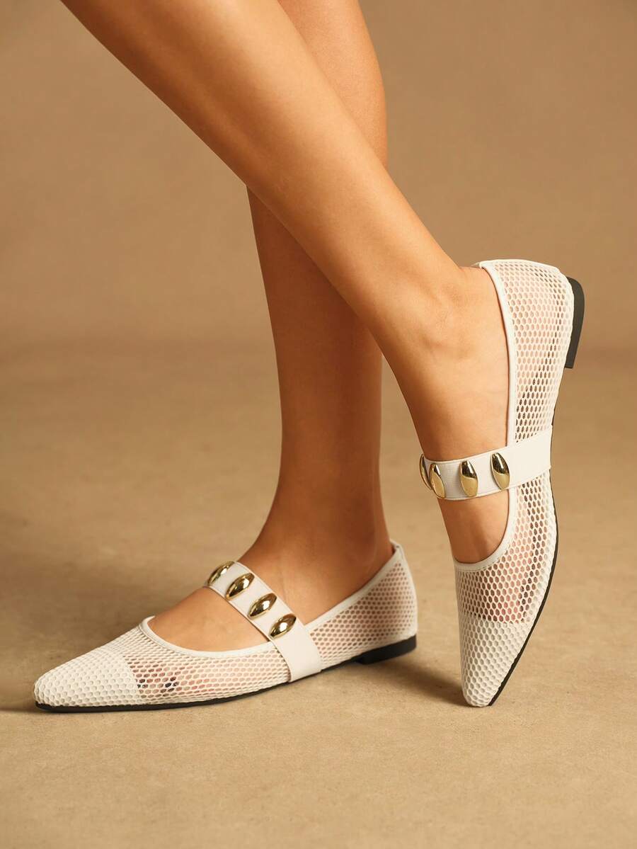 Rosivie Women Casual Versatile Commuting Minimalist Hollow Metal Decor Pointed Toe Flats - White - View 1