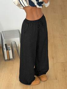 Coolane Women's Summer Country Concert Going Out Beach Outfits Boho Basic Minimalist Washed 100%Cotton White Pants Curved Hem Black Plaid Pants - Black - View 4