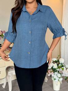 Vionelle 大码女装春夏新款蓝色纹理面料优雅休闲短袖后褶衬衫 - 藍色 - 查看 2