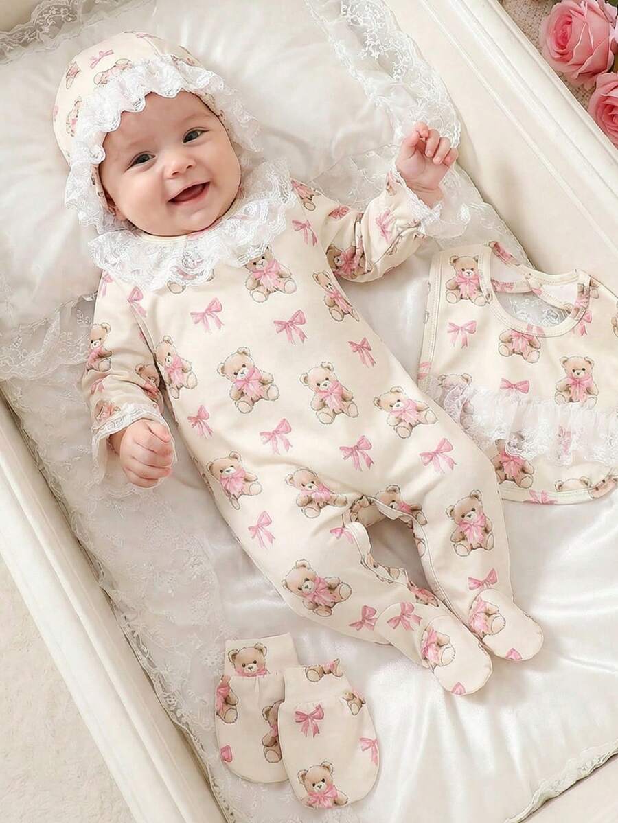 SHEIN 新生女宝宝五件套,柔软舒适的夏季服装,包含连体衣、帽子、袜子、围兜和襁褓毯,非常适合新生儿、婴儿,也是送礼佳品和出院服。 - 淺粉色 - 查看 1