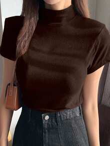 DAZY Women's Mock Neck Fitted Short Sleeve Base Layer T-Shirt Summer - Brown - View 4