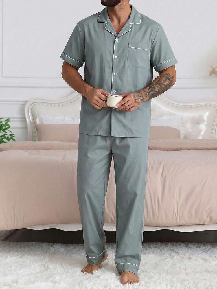 Men's Solid Blue Short Sleeve Shirt And Shorts Pajama Set, Spring/Summer