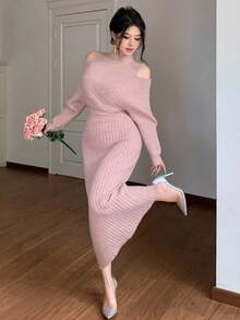 DAZY 女士优雅简约时尚针织中长连衣裙，宽松休闲商务办公室通勤装，秋冬毛衣裙 - 粉色 - 查看 9
