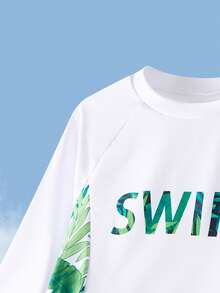 SHEIN 两件套青少年男童休闲度假图案长袖泳衣和泳裤套装