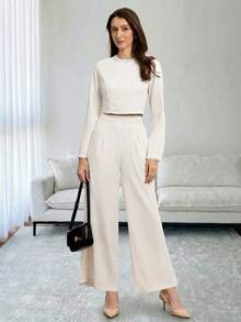 Miaspire Bộ 2 món áo và quần đính cườm thanh lịch dành cho nữ khi đi làm - Màu be - Xem 6