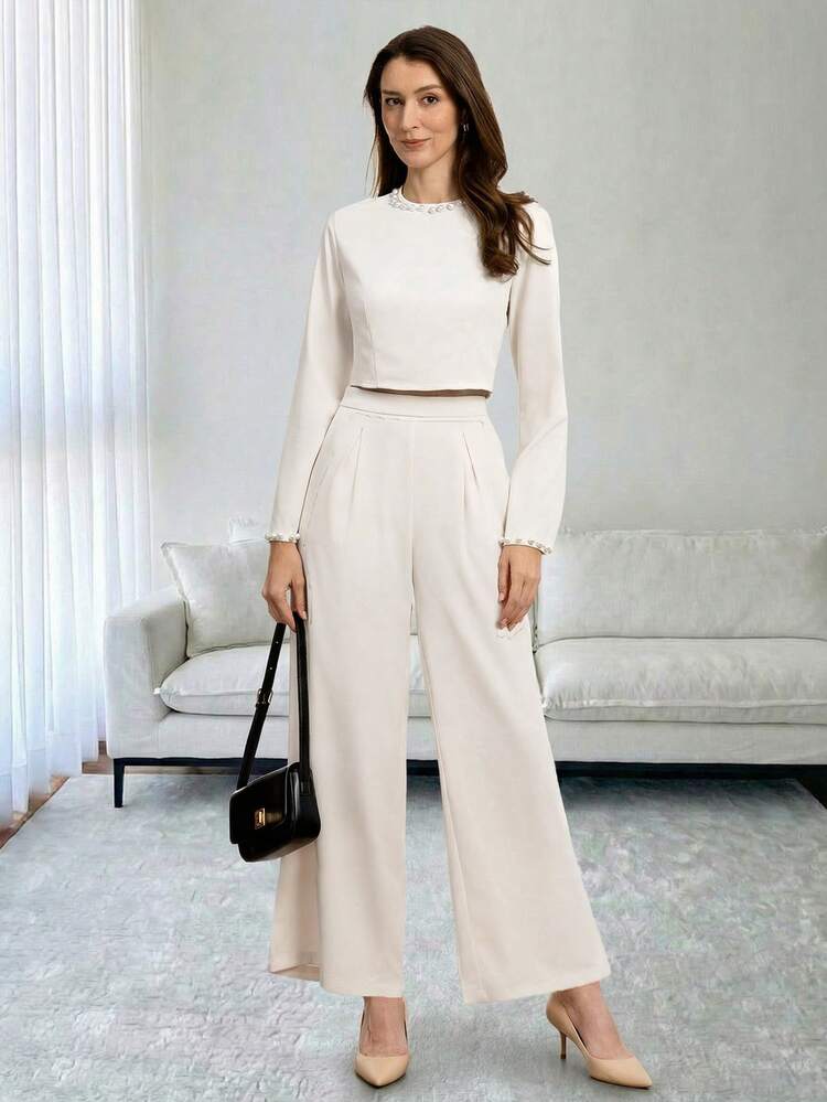 Women's Elegant Commuter Beaded Decor Top And Pants 2 Pieces Set