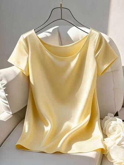 Franclia Women's Elegant Satin Round Neck Short Sleeve Pullover Blouse, Yellow