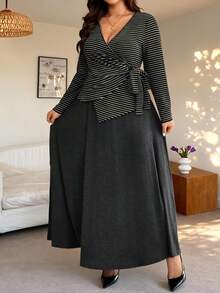 Vionelle Plus Size Floral & Striped Top With Solid Color Knit Skirt 2 Piece Set, Casual Soft Fabric, Minimalist Design, Elegant Classic Dress Modest Wrap Dress Women Knit Maxi Dress Long Casual Dress Long Sleeve Elegant Dress Maternity Dress Casual New Arrivals Women Dress Dresses For Women Long Sleeve - Multicolor - View 5