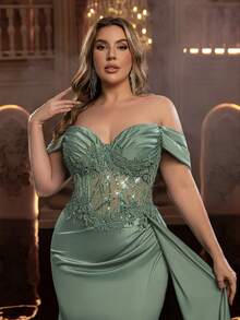Glamrae Chân váy cỡ lớn sang trọng, thanh lịch với chất liệu ren, sequin và satin phối nhiều mảnh, xẻ tà đuôi cá gợi cảm, viền xếp ly, thích hợp cho các bữa tiệc, dạ hội, lễ kỷ niệm, đám cưới và các dịp trang trọng. - màu xanh lá - Xem 5