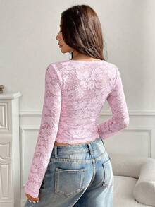 SHEIN EZwear Women's Light Pink V-Neck Long Sleeve Fitted Casual Shirt, Suitable For Date Nights And Casual Vacations Long Sleeve Lace Top Pink Top Women Lace Undershirt Long Sleeve Pink Lace Top - Baby Pink - View 2