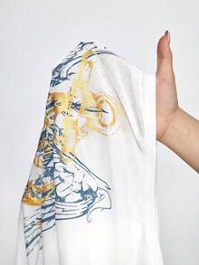 ROMWE Grunge Punk SpringRomantic Nautical Punk Wing & Anchor Foil Print Oblique Shoulder Women Long Sleeve T-Shirt - White - View 13