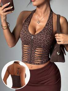 Dewbera 1pc Women's Seamless Sexy Leopard Print Hollow Out Front Zipper Running Fitness Yoga Exercise Top Camisole - Coffee Brown - View 1