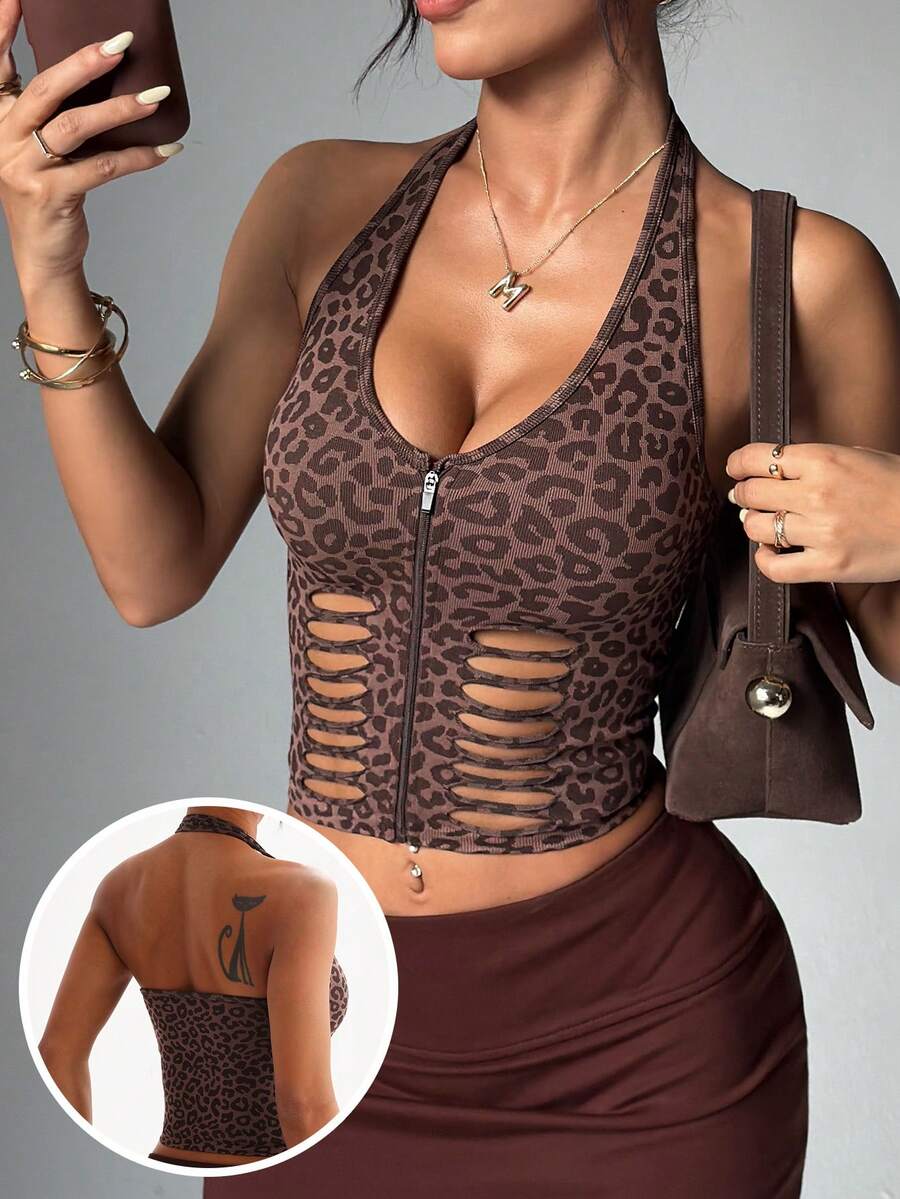 Dewbera 1pc Women's Seamless Sexy Leopard Print Hollow Out Front Zipper Running Fitness Yoga Exercise Top Camisole - Coffee Brown - View 1