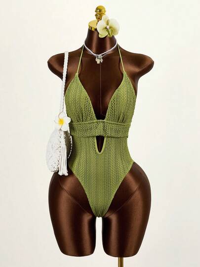 Mistrie Traje de baño de una pieza con cuello halter de escote profundo en unicolor para mujer