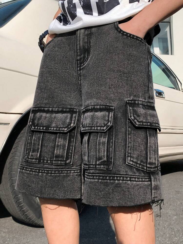 SHEIN Pantalones cortos vaqueros sueltos de trabajo azules con diseño de bolsillos múltiples, corte, rasgados y desgastados, de estilo vintage Y2K, cómodos para niños preadolescentes, ideales para uso diario, verano, primavera, festivales y playa - Negro - Añade 8