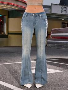 Jeanoix Y2K Women Low Waist Criss-Cross Flare Leg Jeans - Light Wash - View 4