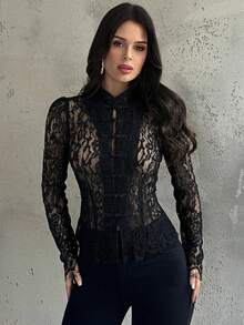 Firerie 女士蕾丝黑色纽扣腰长袖复古宫廷风上衣，新款中国风，蕾丝长袖半透明上衣，春夏秋季皆宜，优雅百搭，适合通勤、约会、派对、婚礼季、毕业典礼、舞会、演出、音乐会、工作场合、返校季、年会、女士生日等场合。 - 黑色 - 查看 5