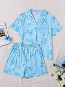 女童睡衣套装,蝴蝶爱心印花短袖上衣和短裤,翻领纽扣衬衫搭配短裤,休闲舒适的夏季家居服 - 藍色 - 查看 9