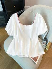 GlowEve CURVE Plus Size Women's French Square Collar Cherry Embroidery Ruffle Trim Contrast Color Lantern Sleeve Blouse, Suitable For Spring/Summer - White - View 2