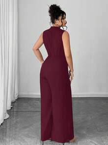 Elenzga Plus Size Elegant Beaded Sleeveless Round Neck Top And Straight Leg Jumpsuit - Burgundy - View 2