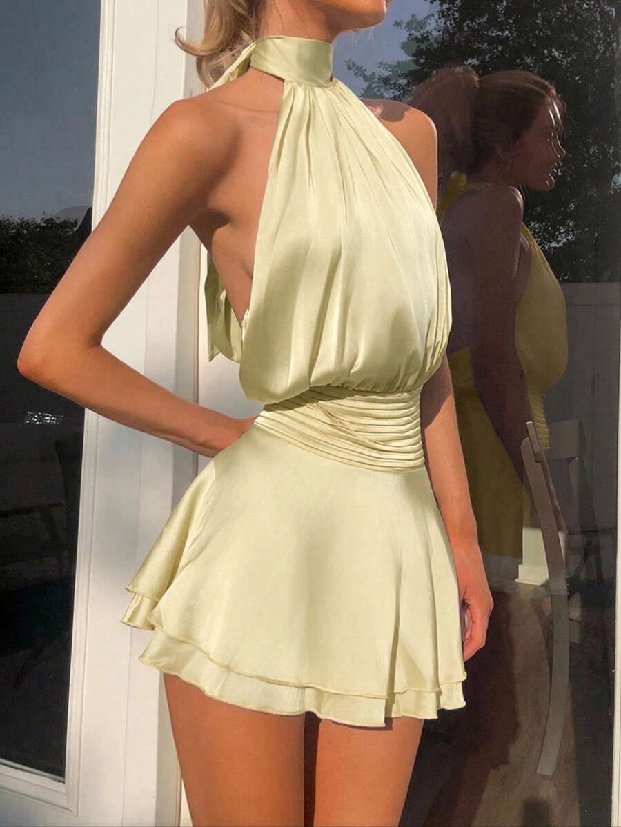 SHEIN EZwear 女士吊带系带无袖迷你连衣裙 - 淡黃色 - 查看 1