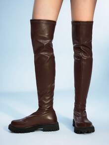 Sugerpunk Women's PU Leather Fashionable Over-The-Knee Boots, Versatile For Daily Wear Valentine's Day - Brown - View 3