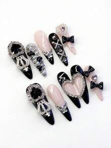ROMWE Anime 10 Y2k Style Sweet Love Bow Fake Nail Pieces And A Piece Of Double-Sided Tape. - Multicolor - View 5