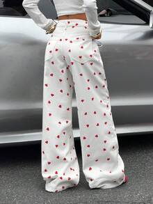 Muchica Women's Flared Jeans With Heart-Patterned Buttons On The Pockets; Casual And Versatile, Suitable For Commuting. Valentine's Day Outfit: Red Heart-Patterned Jeans. - White - View 2