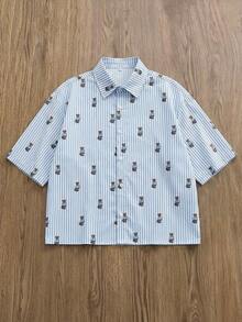 SWAVVY 男士绅士熊白蓝条纹短袖衬衫，时尚休闲舒适，适合度假、上学、约会、派对等场合。男士条纹翻领衬衫，短款纽扣衬衫。男士浅蓝色图案衬衫。男士宽松纽扣衬衫。男士度假衬衫。Billie 男士条纹图案衬衫。夏季纽扣衬衫。男士夏季度假衬衫。图案翻领衬衫。 - 藍色 - 查看 2