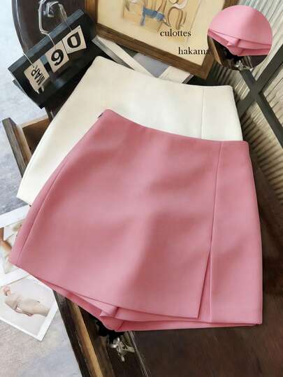 Franclia Pantalones cortos/falda/culotte/shorts de mujer de tela suave y texturizada de cintura alta con abertura, de estilo casual y versátil para ir y venir, primavera/otoño