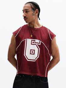 SUMWON 宽松印花网眼背心，胸前印有数字六图案，并饰有白色滚边细节。 - 紅色 - 查看 4