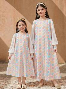 SHEIN 青少年女孩杏色 A 字版圓領長袖拼色喇叭裙 Abaya 女孩馬卡龍色洋裝 - 杏色 - 查看 2